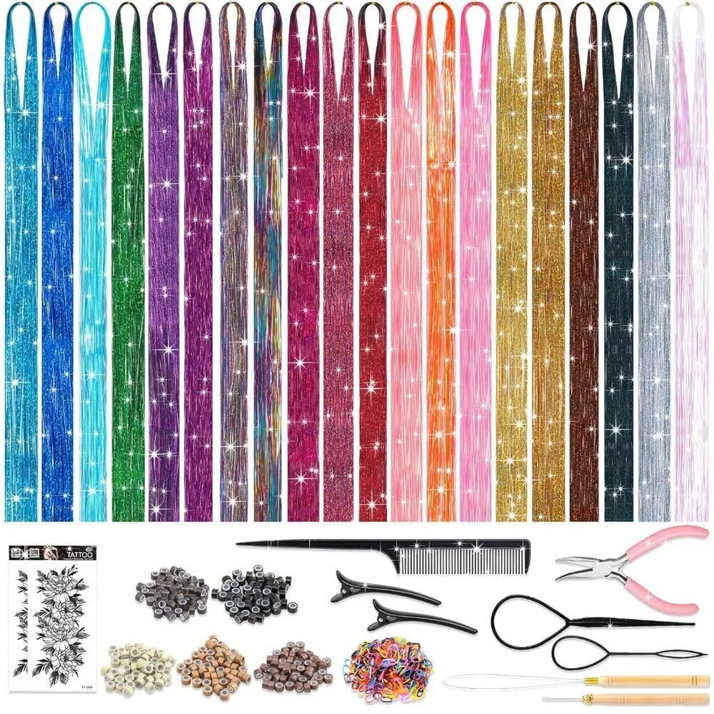 Hair Tinsel Kit Fiber 20 Colors 48 Inches Sparkling Glitter Extensions for Women
